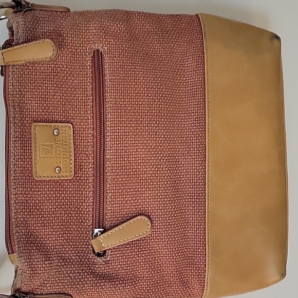 Vtg STONE MOUNTAIN Canvas Faux Leather Three Compartment Carpet Shoulder Bag - Picture 8 of 16